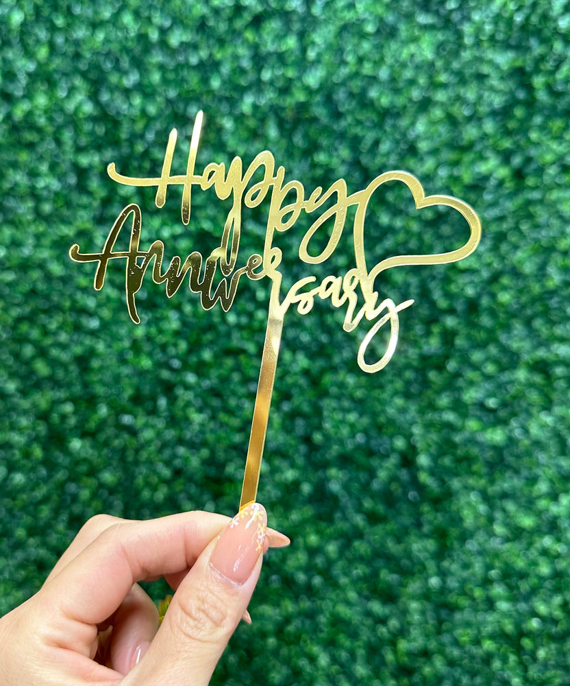 Happy Anniversary w/Heart Gold Acrylic Cake Topper