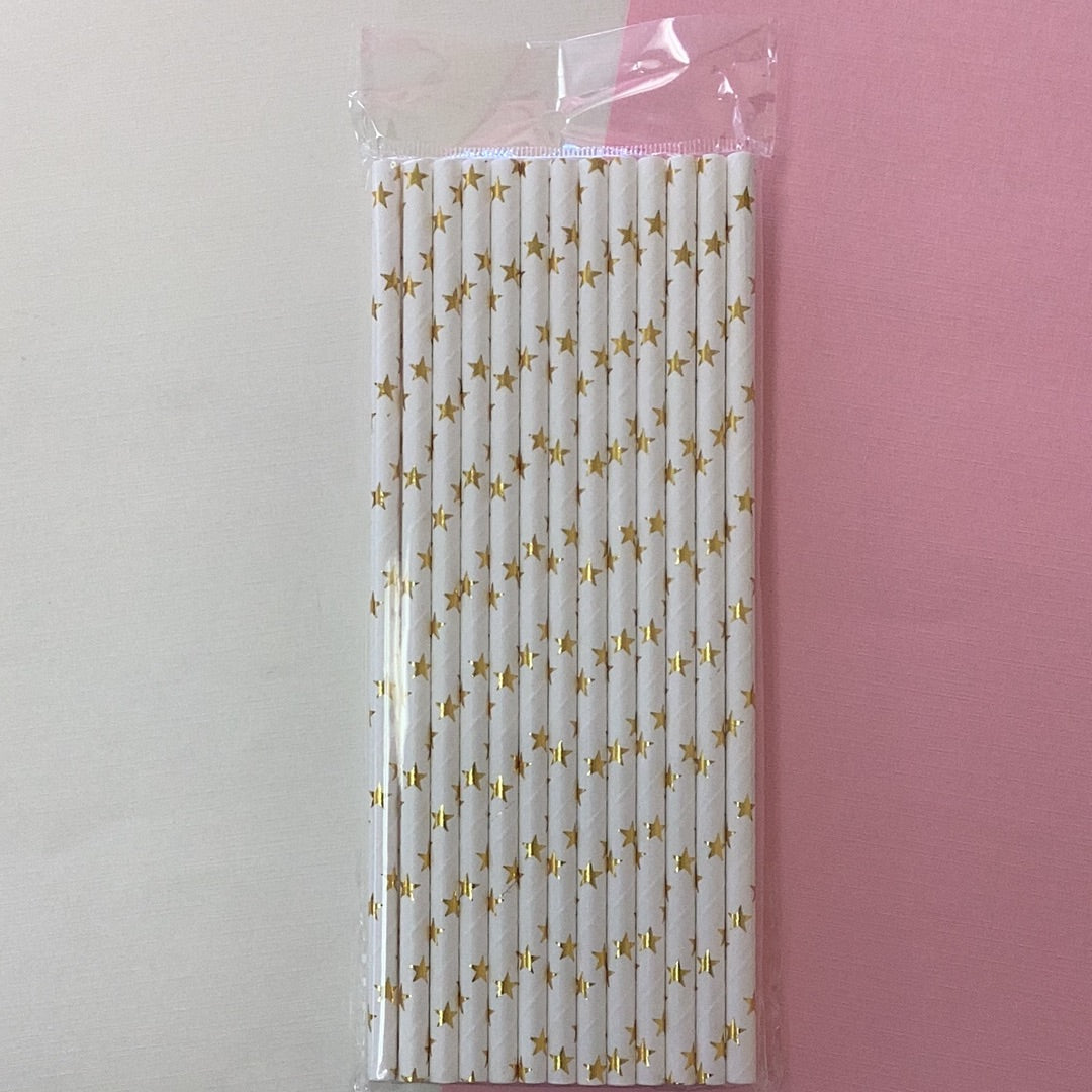 Gold Stars on White Paper Straws — STRAWTOPIA