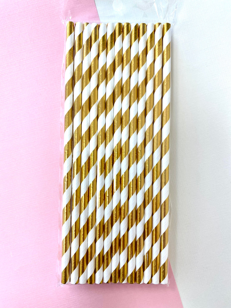 White Paper Straws w/ Gold Stripes