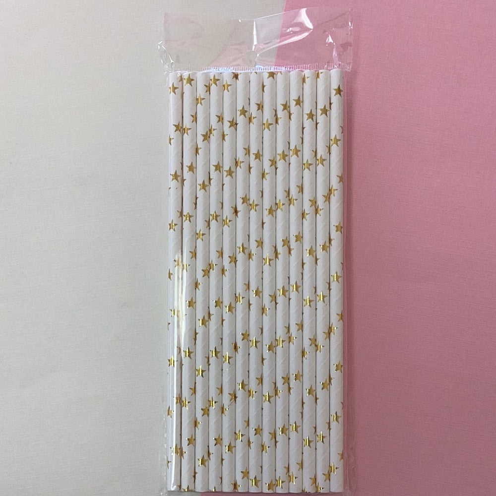 White Paper Straws w/ Gold Stars