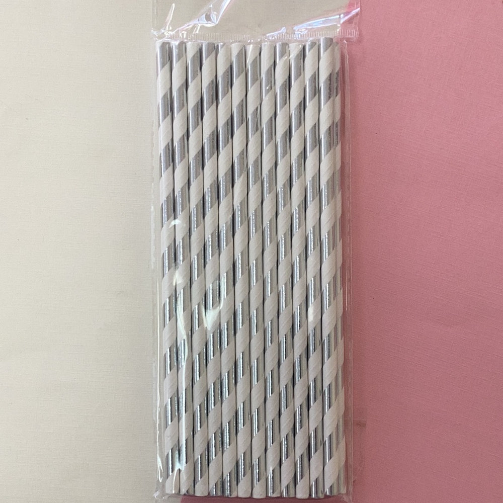 White Paper Straw w/ Silver Stripes